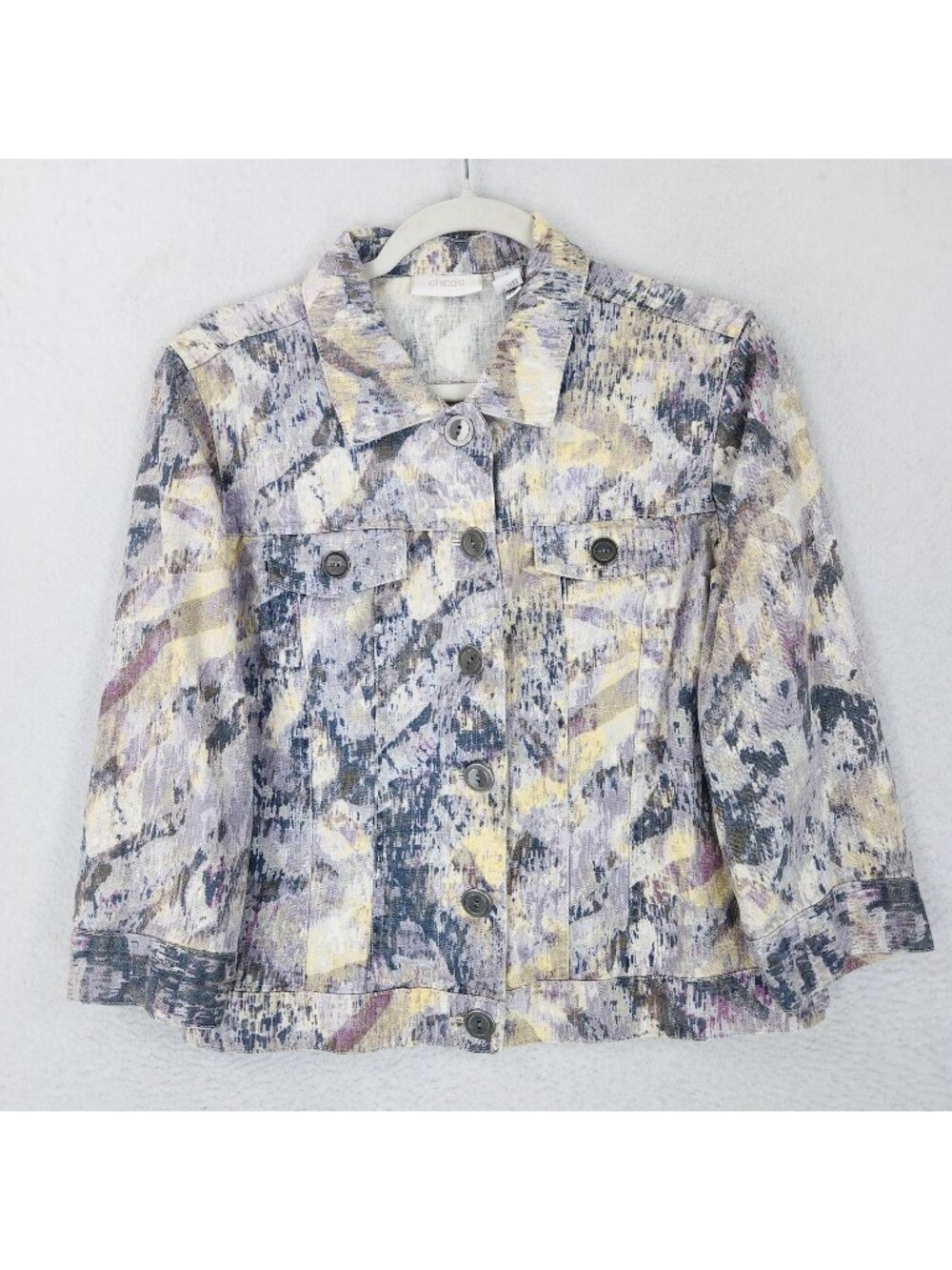 Chicos Jacket Womens 0 Purple 4 Linen Blend Button Front 3/4 Sleeve Casual